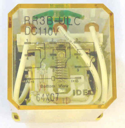 IDEC 3PDT RELAY, KUP BASE, 110 VDC, NEON + TEST IDEC # RR3B-ULC-110DC