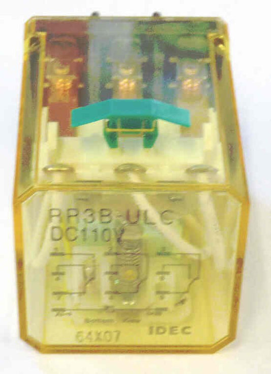 IDEC 3PDT RELAY, KUP BASE, 110 VDC, NEON + TEST IDEC # RR3B-ULC-110DC