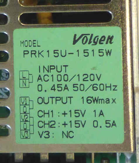 POWER SUPPLY, 100-120V INPUT, 15V @ 1 A OUTPUT VOLGEN # PRK 15U-1515W