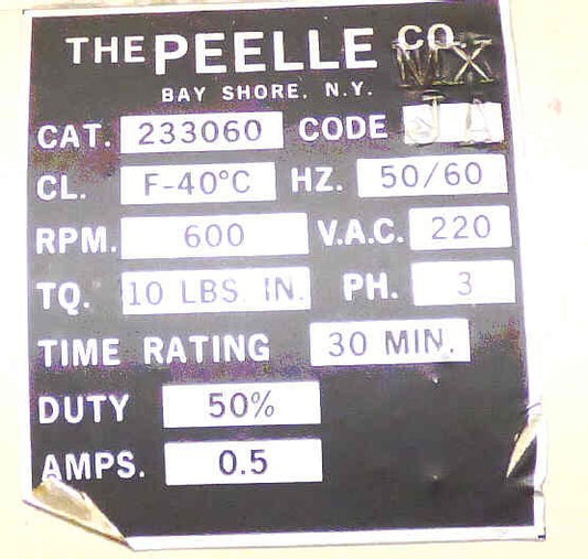 MOTOR, CAM, 3 PHASE, 220 VAC, 10 LBS IN TORQUE PEELLE # 233060