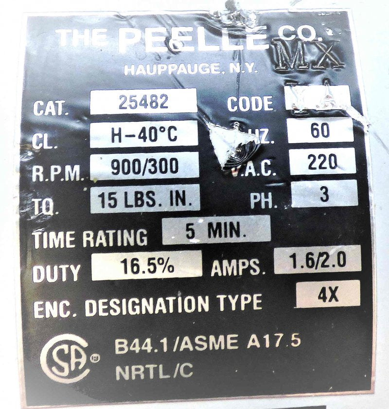 MOTOR, GATE, 3 PHASE, 220 VAC, 900/300 RPM PEELLE # 25482