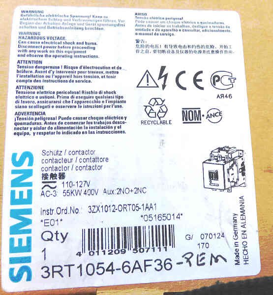 CONTACTOR, 3 POLE, 110-120 VAC, 360 AMPS  SIEMENS # 3RT1024-6AF36