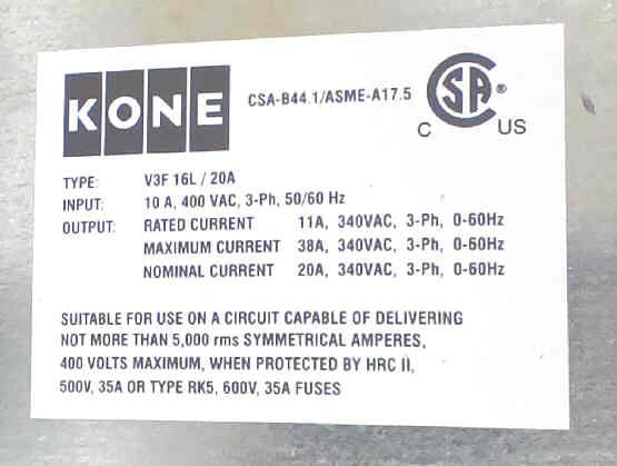 CONVERTER 11A 340V 3PH TYPE V3F 16L/20A KONE # KM769900G13