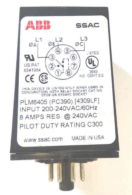 RELAY, 3 PHASE MONITOR, 240 VAC, EIGHT PIN OCTAL BASE ABB # PLM6405 Y