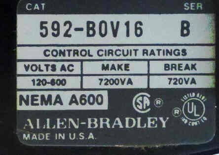 RELAY, OVERLOAD, ALLEN BRADLEY, 592-BOV16, 3P 600VAC B SER