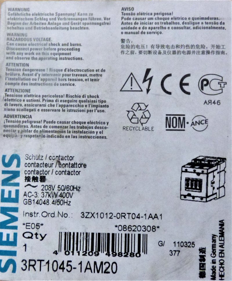 CONTACTOR, NON-REVERSING, 3 POLE, 208 VAC SIEMENS # 3RT1045-1AM20