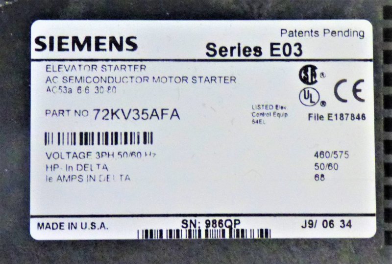 STARTER, DEFINITE PURPOSE, SEE PHOTOS FOR DATA SIEMENS # 72KV35AFA