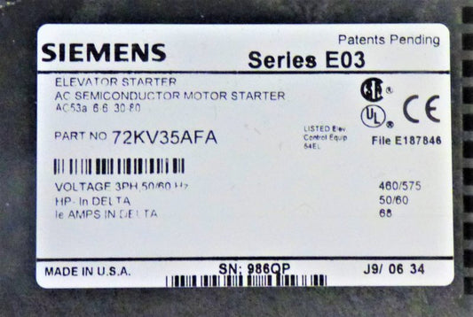 STARTER, DEFINITE PURPOSE, SEE PHOTOS FOR DATA SIEMENS # 72KV35AFA