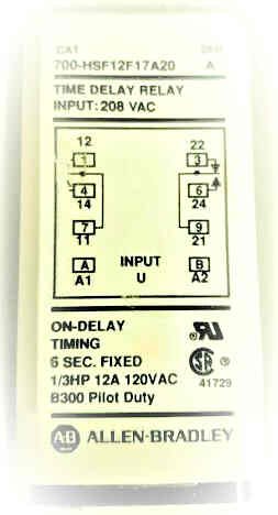 TIMER, RELAY, 208 VAC, DELAY, 6 SECS, KUP  ALLEN BRADLEY # 700-HSF12F17A20