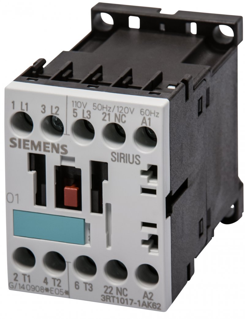 CONTACTOR, 3 POLE, 110-120 VAC, 1 NC AUX CONTACT SIEMENS # 3RT1017-1AK62