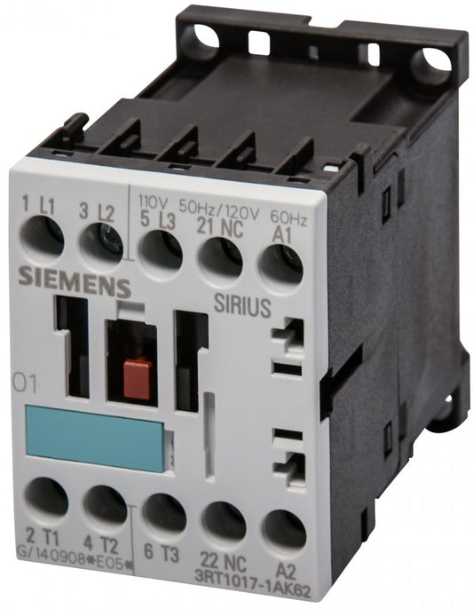 CONTACTOR, 3 POLE, 110-120 VAC, 1 NC AUX CONTACT SIEMENS # 3RT1017-1AK62
