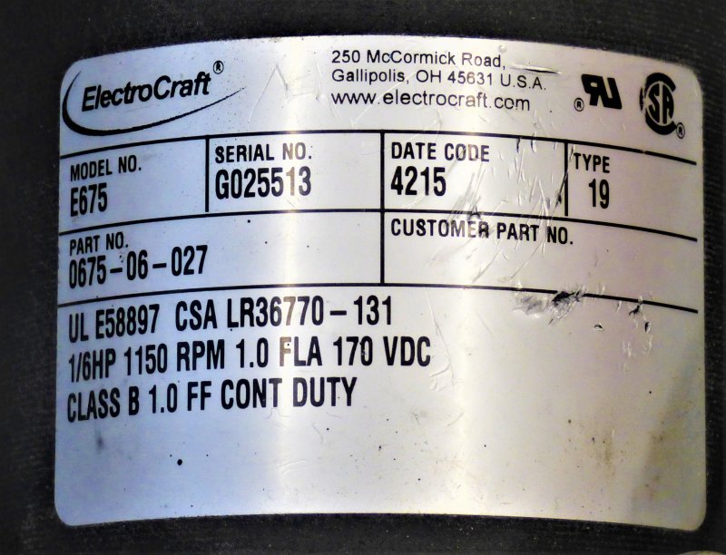 MOTOR, OPERATOR, 1/6 HP, 1150 RPM, ELECTROCRAFT SCHINDLER # 7285C56H01