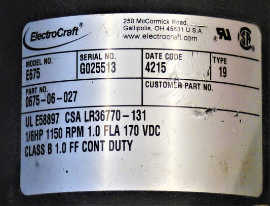 MOTOR, OPERATOR, 1/6 HP, 1150 RPM, ELECTROCRAFT SCHINDLER # 7285C56H01