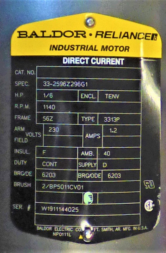 MOTOR, DOOR OPERATOR, 1/6 HP, 1140 RPM,230VDC, FRAME 56Z BALDOR # 33-2596Z296G1