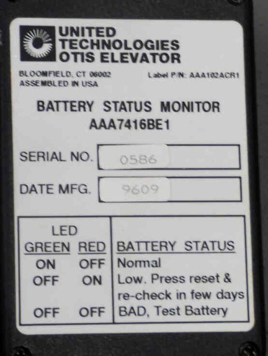 MONITOR, BATTERY STATUS, MRVF CONTROLS, OTIS # AAA741BE1