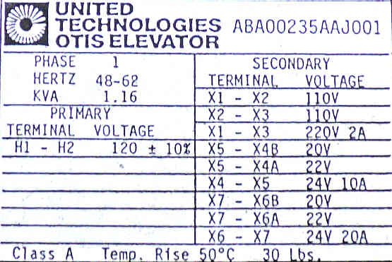 TRANSFORMER. PRIMARY 120, MULTIPLE SECONDARIES OTIS #ABA00235AAJ001