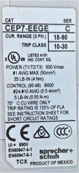 CONTACTOR, 12O VOIT, 3 POLE, WITH OVERLOAD, 85 AMP, S & S CA7-85-120 + CEP7