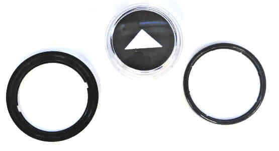 BUTTON, BLACK WITH WHITE ARROW, THYSSEN-KRUPP WITH HALO & RETAINER 9739580