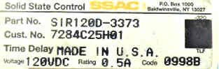 TIMER, 120 VDC, 0.5 AMP, SSAC SIR 120D-3373 WESTINGHOUSE # 7284C25H01