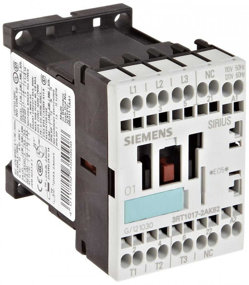 CONTACTOR, 3 POLE, 110-120 VAC, 1 NC AUX CONTACT SIEMENS #3RT1017-2AK62