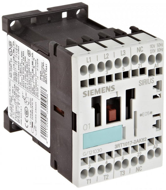 CONTACTOR, 3 POLE, 110-120 VAC, 1 NC AUX CONTACT SIEMENS #3RT1017-2AK62