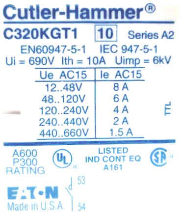 CONTACT, AUXILIARY, TOP MOUNT, NEMA 00-2, 2 N.O./2 N.C,  EATON # C320KGT16