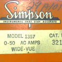METER, PANEL MOUNT, 0-50 AMPERES, 3 1/2 SIMPSON MODEL 1357 # 3210