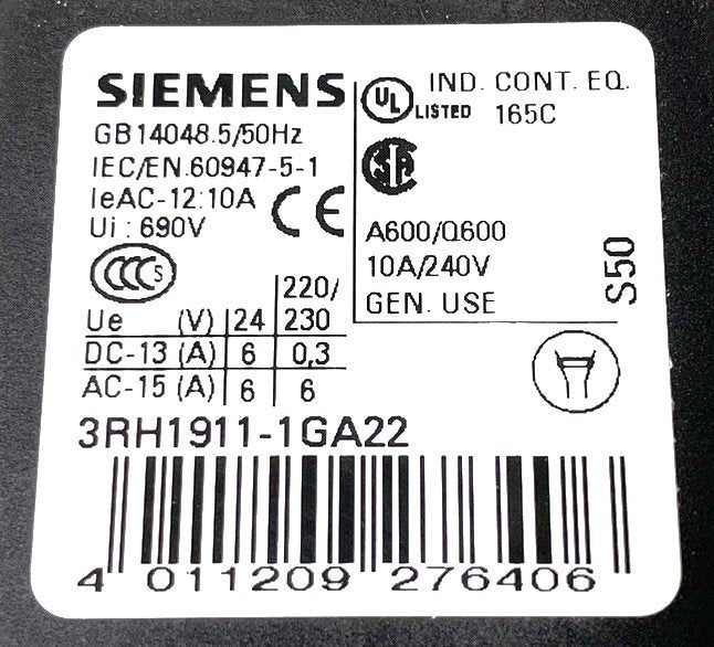 CONTACT, AUXILIARY, 2 N.O./ 2 N.C CONTACT FRONT MOUNT SIEMENS # 3RH1911-1GA22