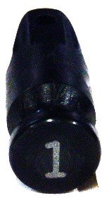 BUTTON, BLACK, 3/4 DIAMETER, MILK BOTTLE, MARKED # 1 OTIS # 323AB1
