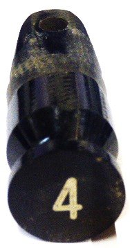 BUTTON, BLACK, 3/4 DIAMETER, MILK BOTTLE, MARKED # 4 OTIS # 323AB1