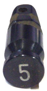 BUTTON, BLACK, 3/4 DIAMETER, MILK BOTTLE, MARKED # 5 OTIS # 323AB1