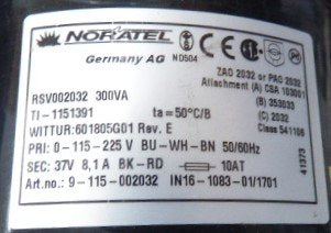 TRANSFORMER, 0-115-230 PRI, 37 SEC, 300VA DOVER # 9731349 WITTUR 601805G01
