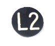 BUTTON, 7/8, BLACK, HOT STAMPED IN WHITE, MARKED L2 OTIS # 323BL2