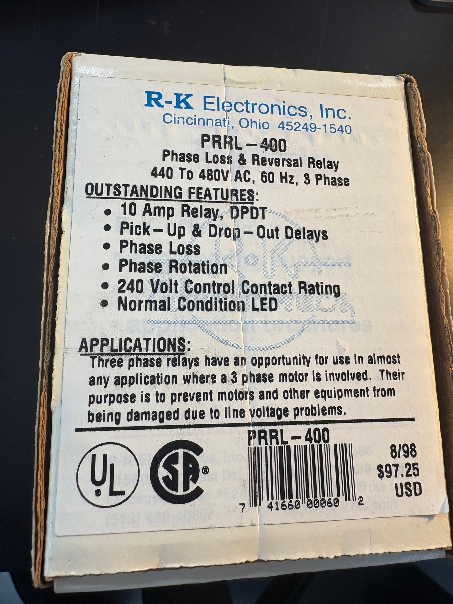 R-K PRRL-400 PHASE LOSS REVERSAL RELAY