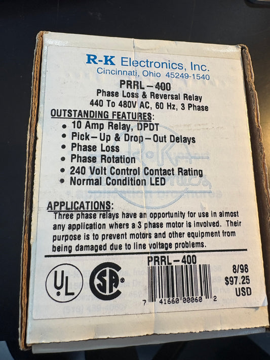 R-K PRRL-400 PHASE LOSS REVERSAL RELAY